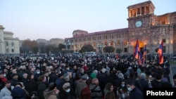 Protesters gather in Yerevan’s central Republic Square to demand that the government shed light on current diplomatic processes around a possible border demarcation with Azerbaijan. November 23, 2021.