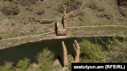 Armenia- A view of the ruins of a medieval Armenian bridge over Akhurian river marking the Turkish-Armenian border, May 10, 2023.