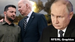 Владимир Зеленский, Джо Байден и Владимир Путин (коллаж)