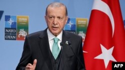 LITHUANIA - Turkey's President Recep Tayyip Erdogan gives a press conference during the NATO Summit in Vilnius on July 12, 2023.