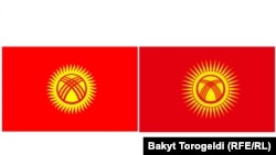 Кыргызстандын азыркы туусу (солдо) жана желектин жаңы варианты (оңдо).