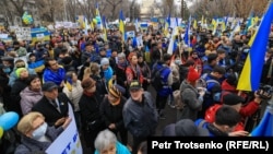 Разрешенный митинг против вторжения России в Украину. Алматы, 6 марта 2022 года