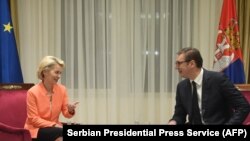 СРБИЈА - Српскиот претседател Александар Вучиќ разговара со претседателката на Европската комисија Урсула фон дер Лејен во Белград. 29 септември 2021 година.