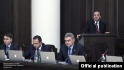 Armenia -- Justice Minister Hrayr Tovmasian addresses a cabinet meeting, Yerevan, 15Dec2011.