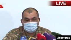 Armenia - The first deputy chief of the Armenian army's General Staff, Tiran Khachatrian, speaks at a news conference, November 26, 2020