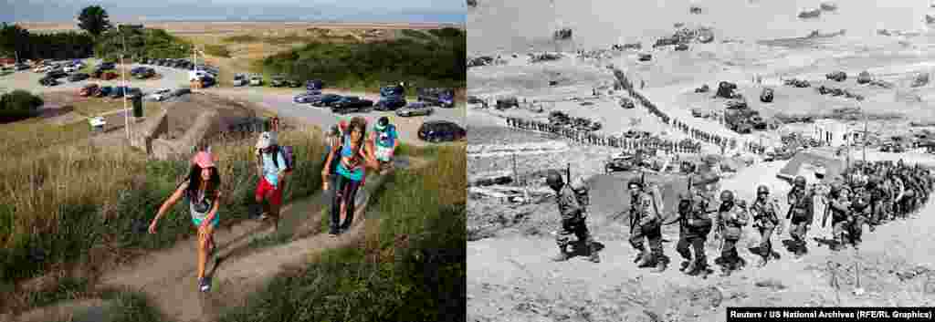 On the right, U.S. Army reinforcements march up a hill past a German bunker overlooking the D-Day landing zone on Omaha Beach. On the left, young people hike past the same bunker.