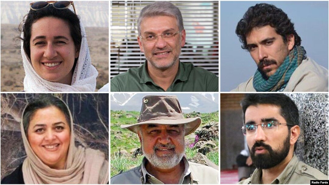 Iranian environmental activists (from top left, clockwise) Niloufar Bayani, Houman Jokar, Amirhossein Khaleghi, Taher Ghadirian, Morad Tahbaz, and Sepideh Kashani were jailed for six to 10 years.