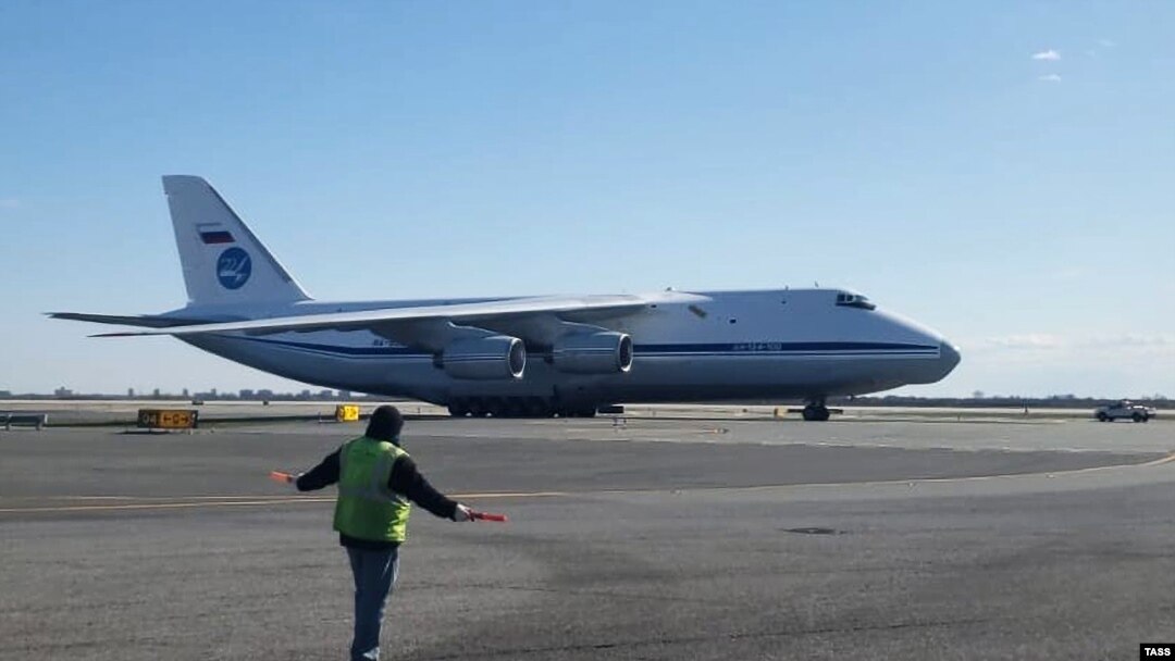 A Russian cargo plane carrying medical equipment lands at John F. Kennedy International Airport on April 1. 