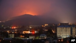 NAGORNO-KARABAKH -- Bursts of explosions are seen during fighting between Armenian and Azerbaijan's forces near Shushi (Susa) outside Stepanakert, November 5, 2020