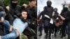 Задержание на антиправительственном протесте в Алматы (слева) и задержание в Москве во время митинга «за справедливые выборы».