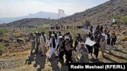 Pashtun Tahafuz Movement activists protesting in North Waziristan, which borders South Waziristan, to demand a cease-fire between two tribes in a separate land dispute on November 21, 2020. 