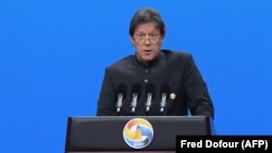 Pakistani Prime Minister Imran Khan speaks during the opening ceremony of the Belt and Road Forum in Beijing on April 26.