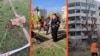 Oamenii depun flori la terenul de joacă din Krivoi Rog lovit vineri, pe 4 aprilie 2025, de o rachetă balistică rusească.